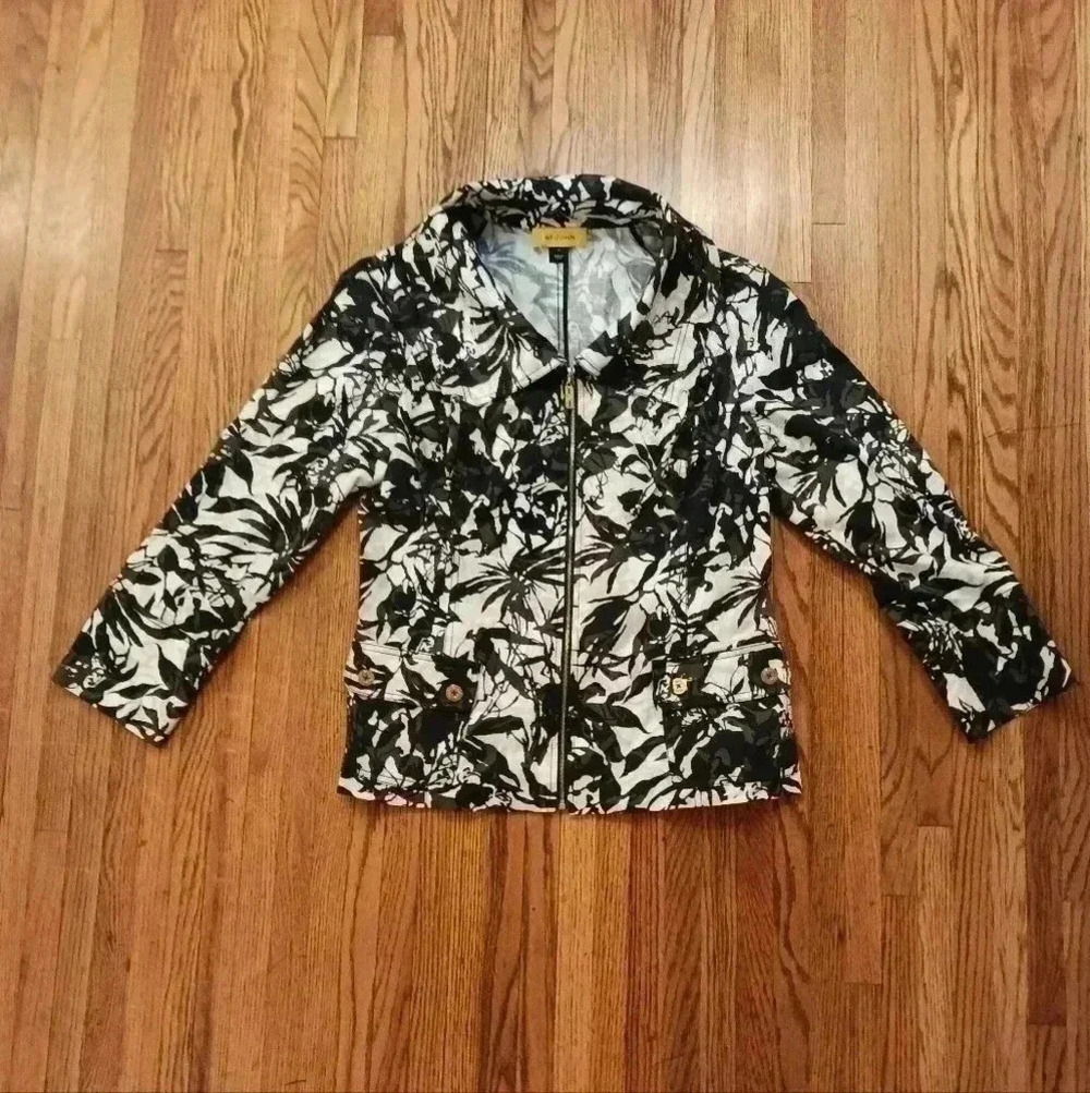 ST JOHN Womens Jacket Size 12 Full Zip Floral Black White